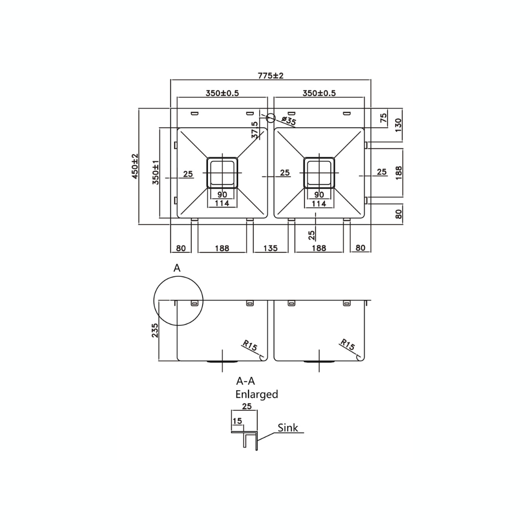 Stainless Steel Kitchen Sink - 775x450x235mm - Square Waste