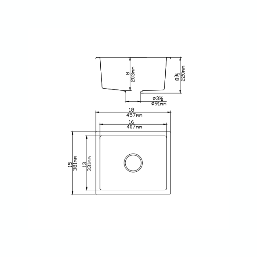 Quartz Undermount Kitchen Sink Single Bowl - 381x457x220mm