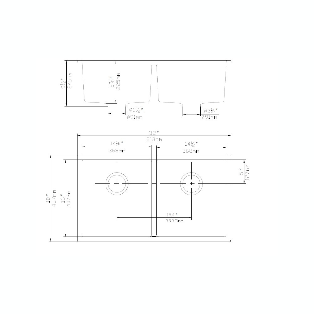 Quartz Undermount Kitchen Sink Double Bowl - 813x457x241mm
