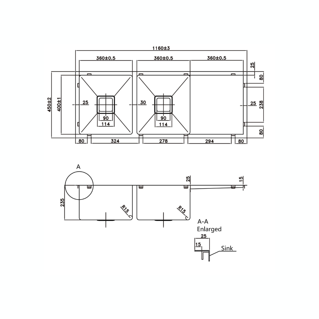 Stainless Steel Kitchen Sink - 1160x450x235mm