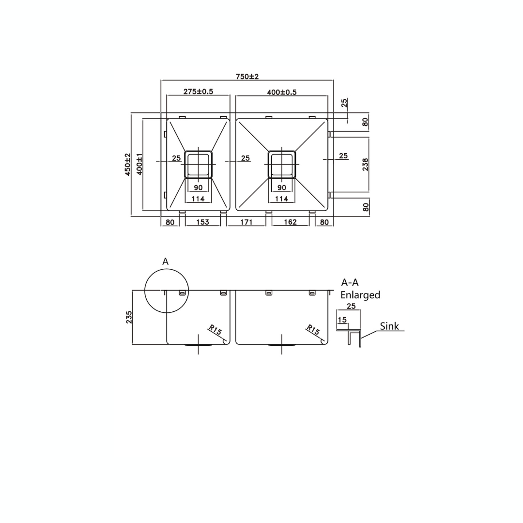 Stainless Steel Kitchen Sink - 750x450x235mm