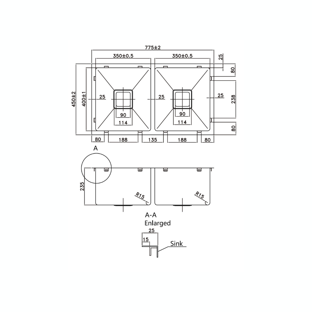 Stainless Steel Kitchen Sink - 775x450x235mm