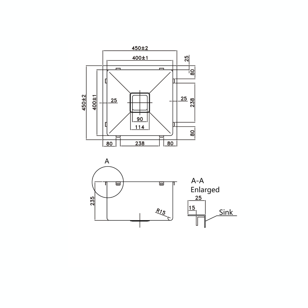 Stainless Steel Kitchen Sink - 450x450x235mm