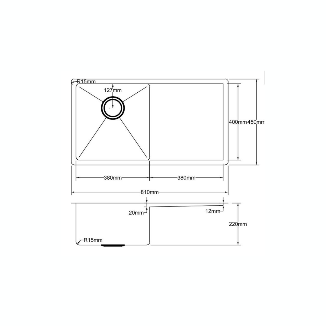 Stainless Steel Kitchen Sink - 810x450x220mm - Round Waste