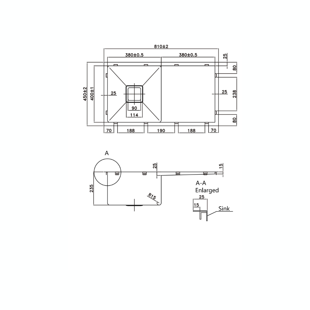 Stainless Steel Kitchen Sink - 810x450x235mm - Square Waste