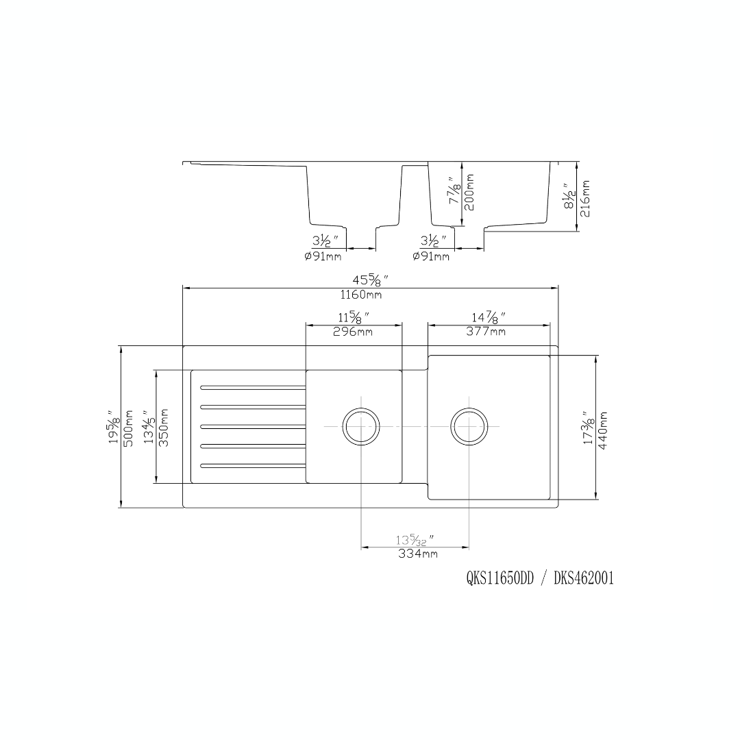 Quartz Top-Mount Kitchen Sink Double Bowl with Drainer - 1160x500x216mm