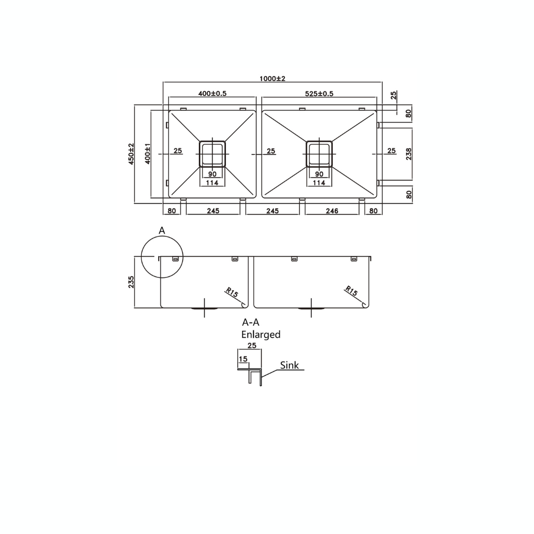 Stainless Steel Kitchen Sink - 1000x450x235mm