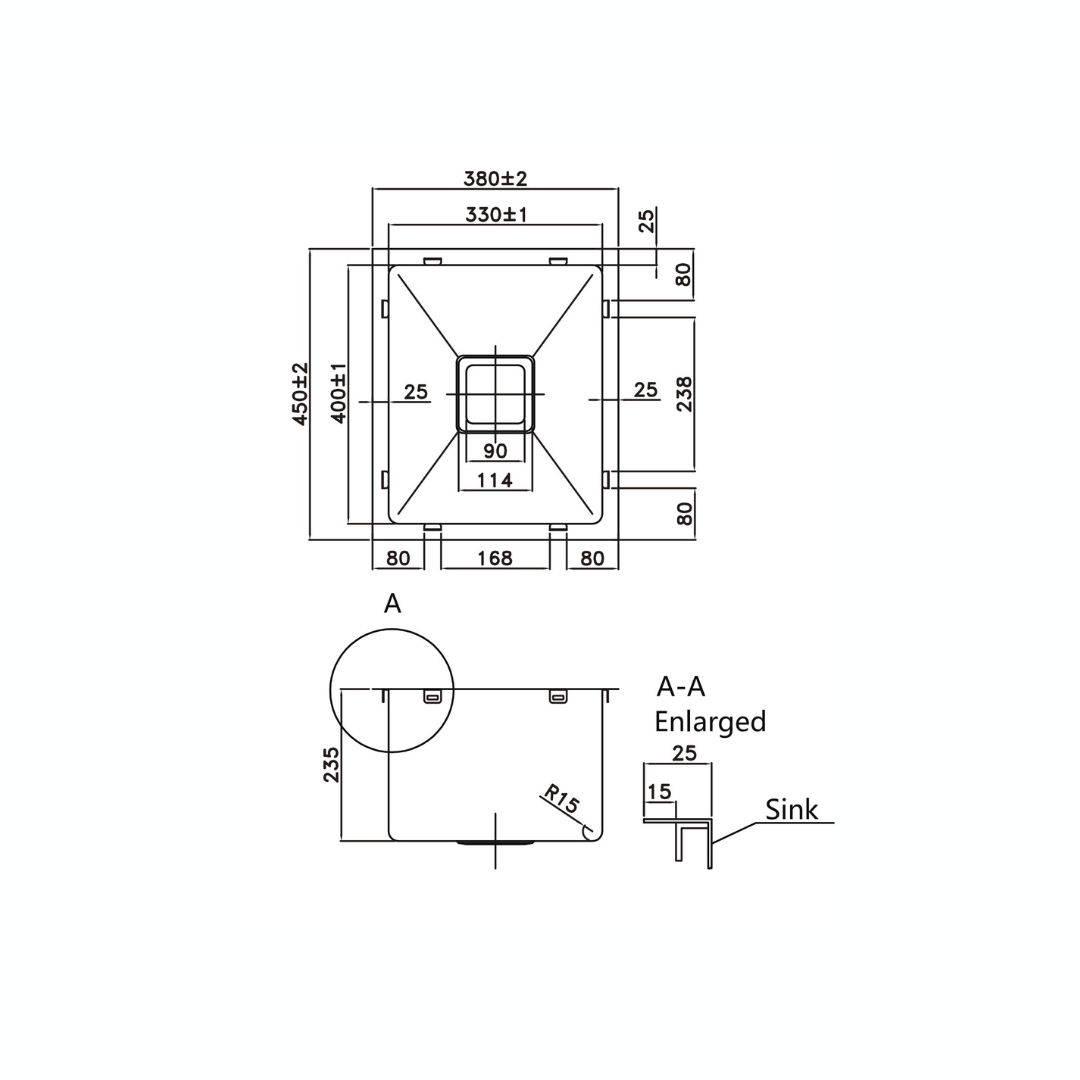 Stainless Steel Kitchen Sink - 380x450x235mm