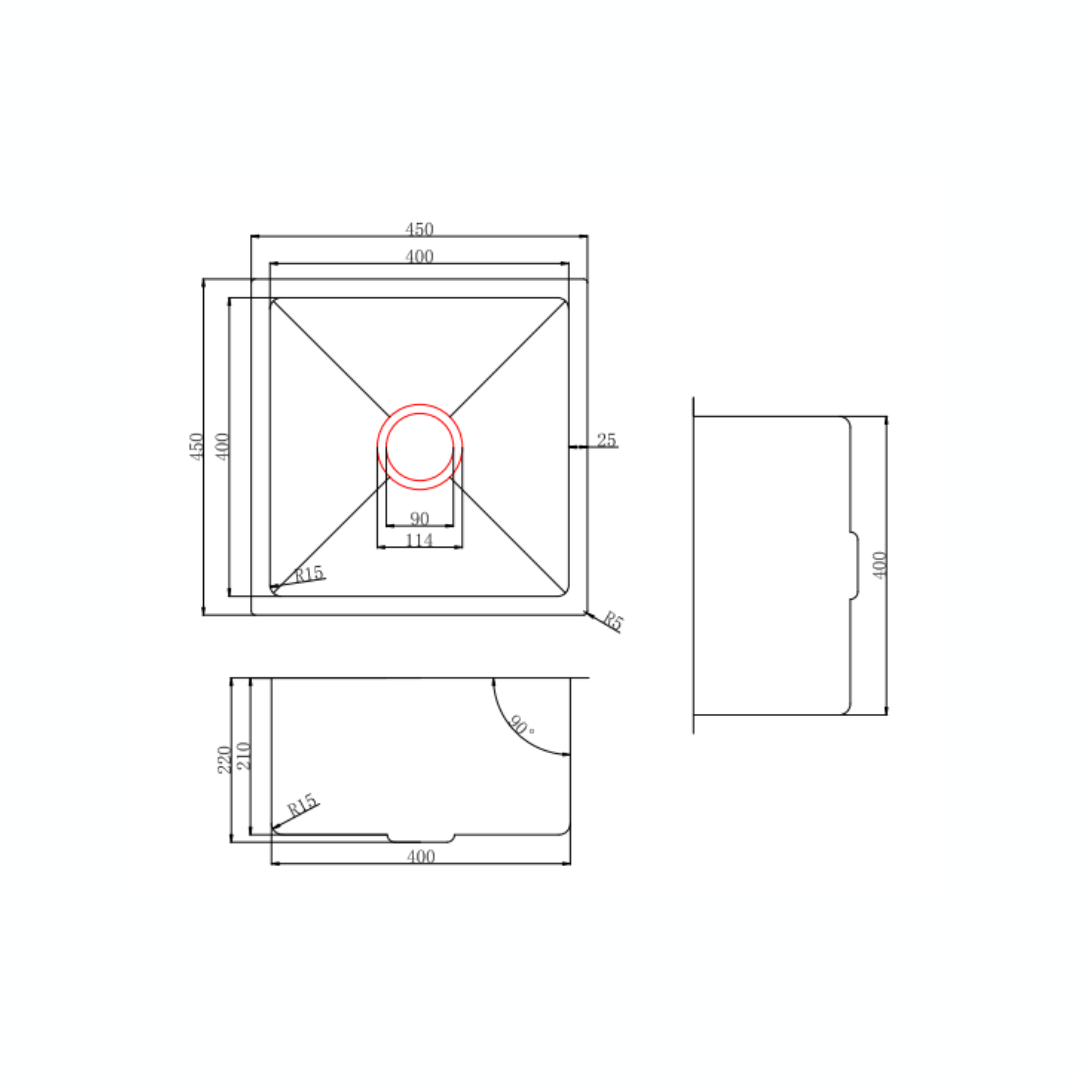 Stainless Steel Kitchen Sink - 450x450x220mm