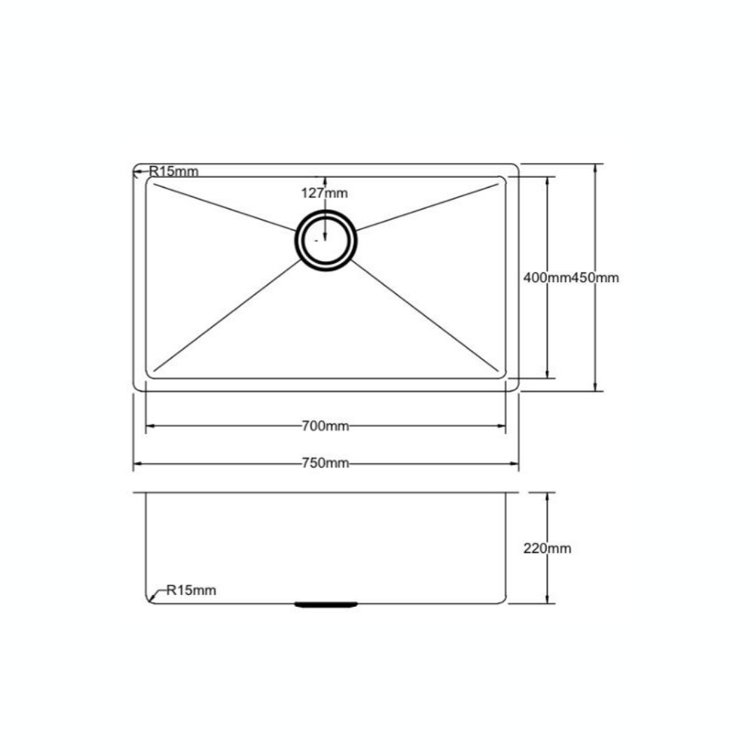 Stainless Steel Kitchen Sink - 750x450x220mm