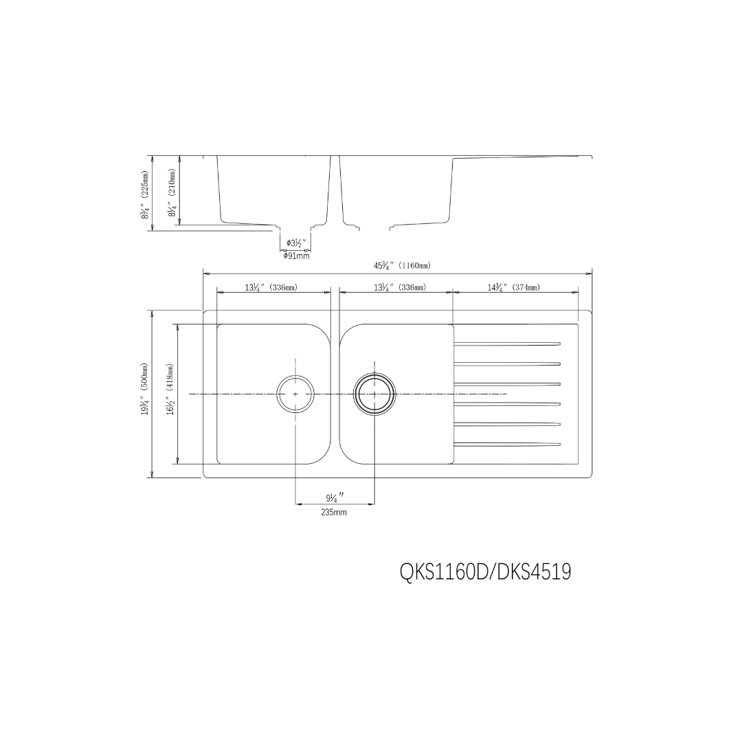 Quartz Top/Undermount Kitchen Sink Duble Bowl with Drainer - 1160x500x225mm