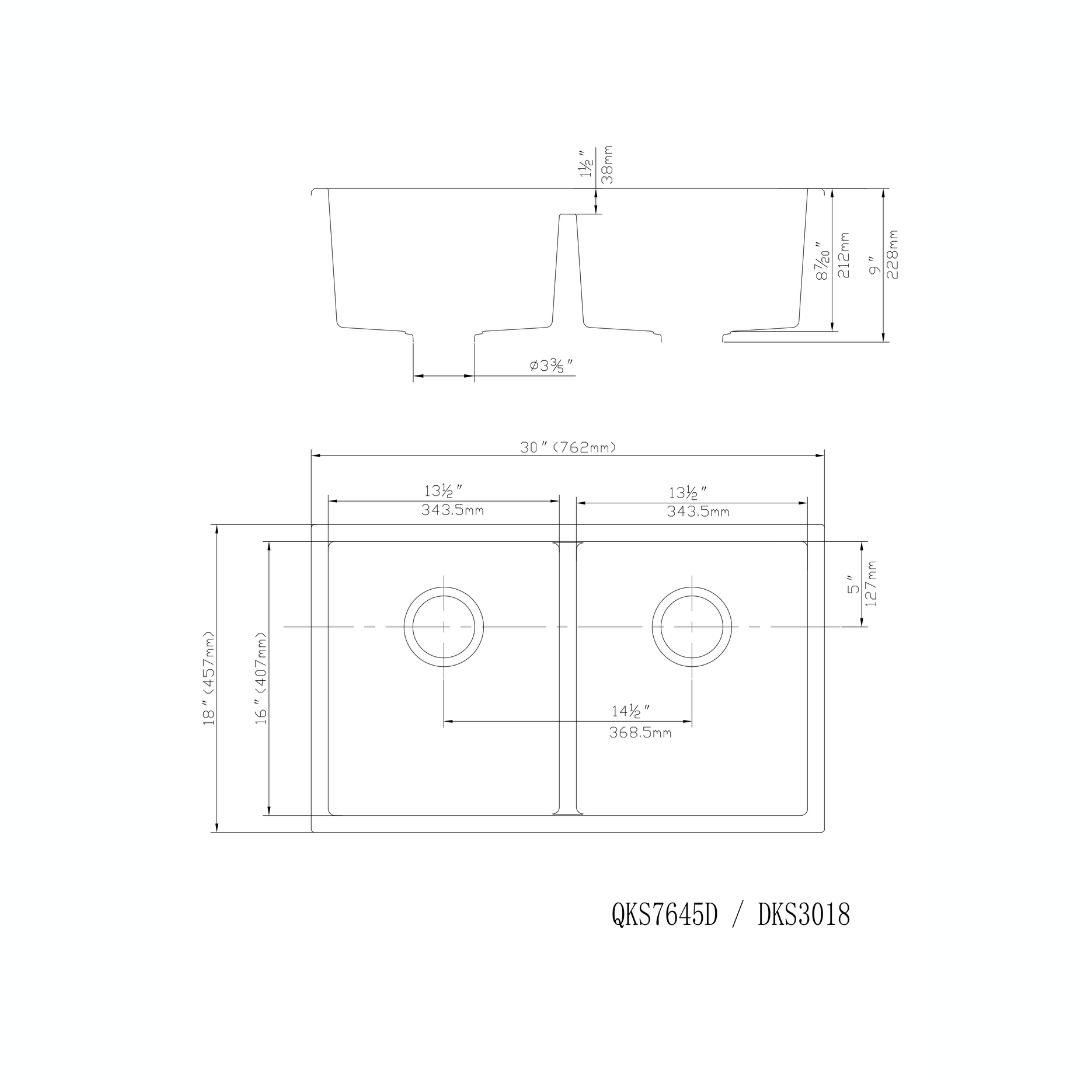 Quartz Undermount Kitchen Sink Double Bowl - 762x457x228mm